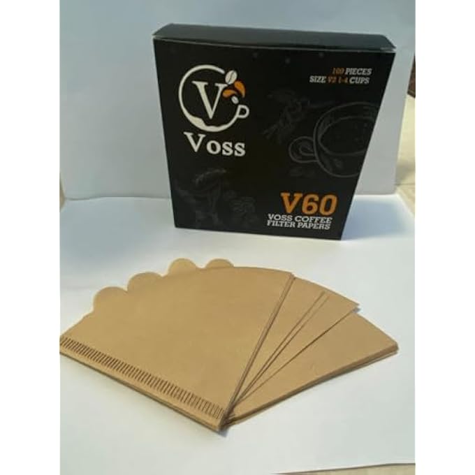 فوس فلتر ورق القهوة Voss حجم V60 مخروط قابل للتخلص من المرة الواحدة، ماكينة قهوة بورق بني غير مبيض 100 قطعة - Image 2