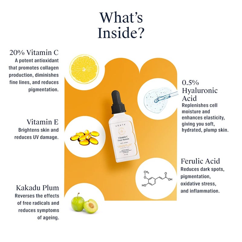 Arata Vitamin C Face Serum For Glowing Skin 30 ML  AntiAging Boosts Collagen  Targets Pigmentation  All Skin Types  AllNatural Vegan  CrueltyFree - Image 3