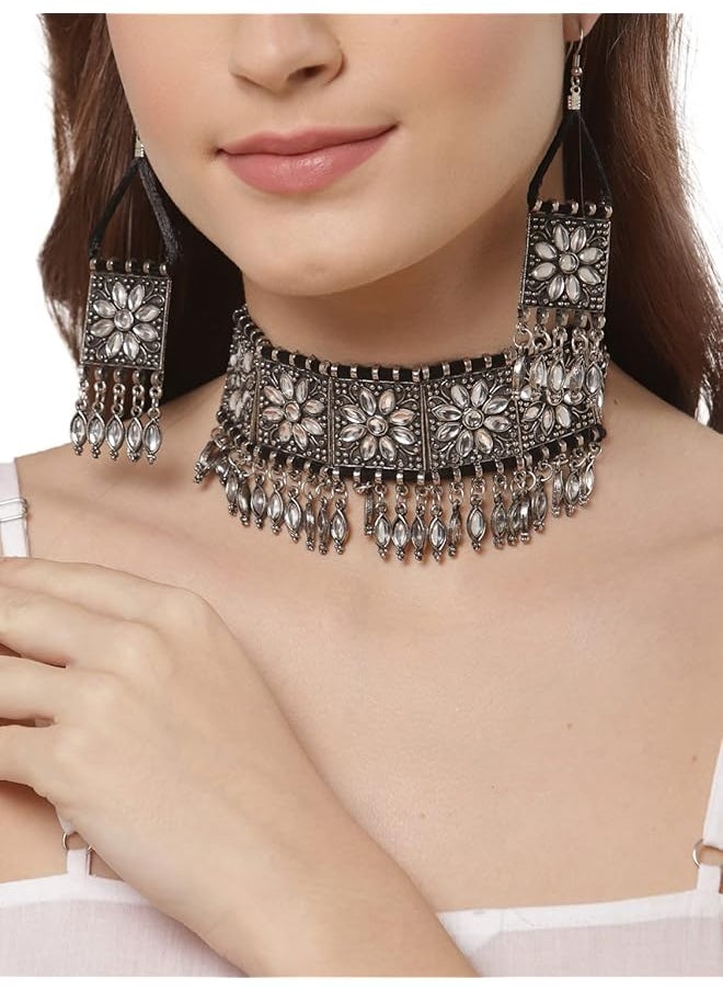 Shining Diva Fashion Latest Stylish Fancy Oxidised Silver Tribal Choker Necklace Jewelery Set For Women 12254S  - Image 2