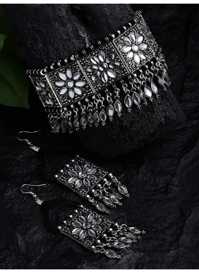 Shining Diva Fashion Latest Stylish Fancy Oxidised Silver Tribal Choker Necklace Jewelery Set For Women 12254S  - Image 3