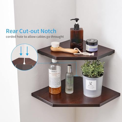 Conamily Corner Shelf Wall Mount Set of 2 Solid Oak Wood Floating Corner Shelves with Wire Hole Display Shelf with Wire Hole Small Plant Display for Kitchen Living Room Bedroom - Image 3