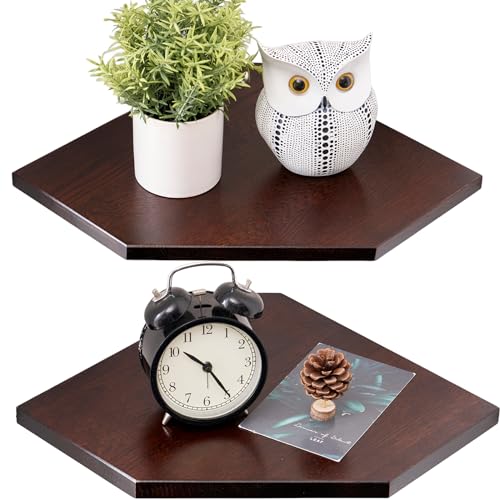 Conamily Corner Shelf Wall Mount Set of 2 Solid Oak Wood Floating Corner Shelves with Wire Hole Display Shelf with Wire Hole Small Plant Display for Kitchen Living Room Bedroom - Image 1