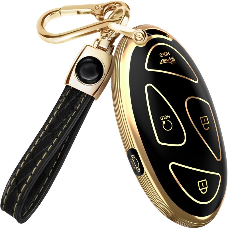 for Hyundai IONIQ 6 Key Fob Cover and Leather Keychain 5 Buttons TPU Key Case for Santa Fe Grandeur KONA Elantra 20222025 Keyfob Cover for NYOMBEC7FOB2208 Black and Gold