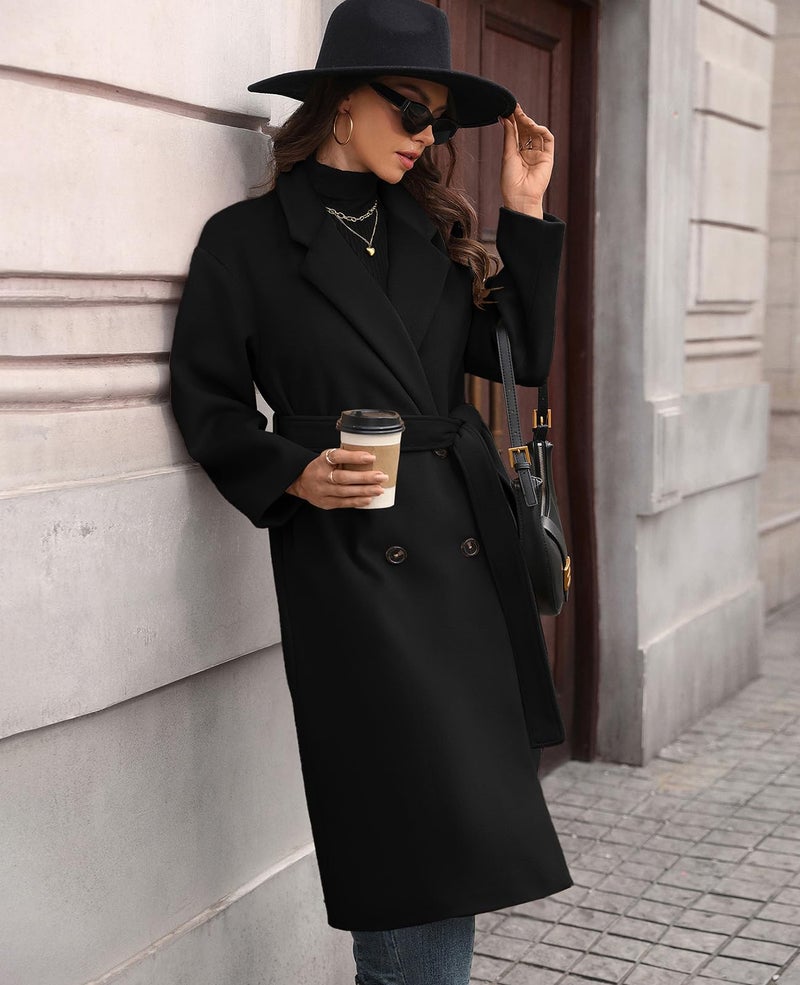 HOTIAN Women's Winter Wool Blend Coat Double Breasted Casual Notch Lapel Long Trench Overcoat Peacoat(Black-L) - Image 2