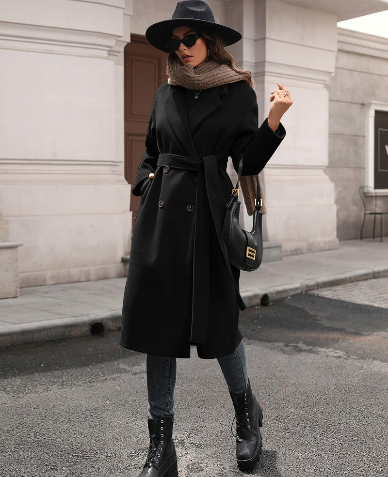 HOTIAN Women's Winter Wool Blend Coat Double Breasted Casual Notch Lapel Long Trench Overcoat Peacoat(Black-L) - Image 4
