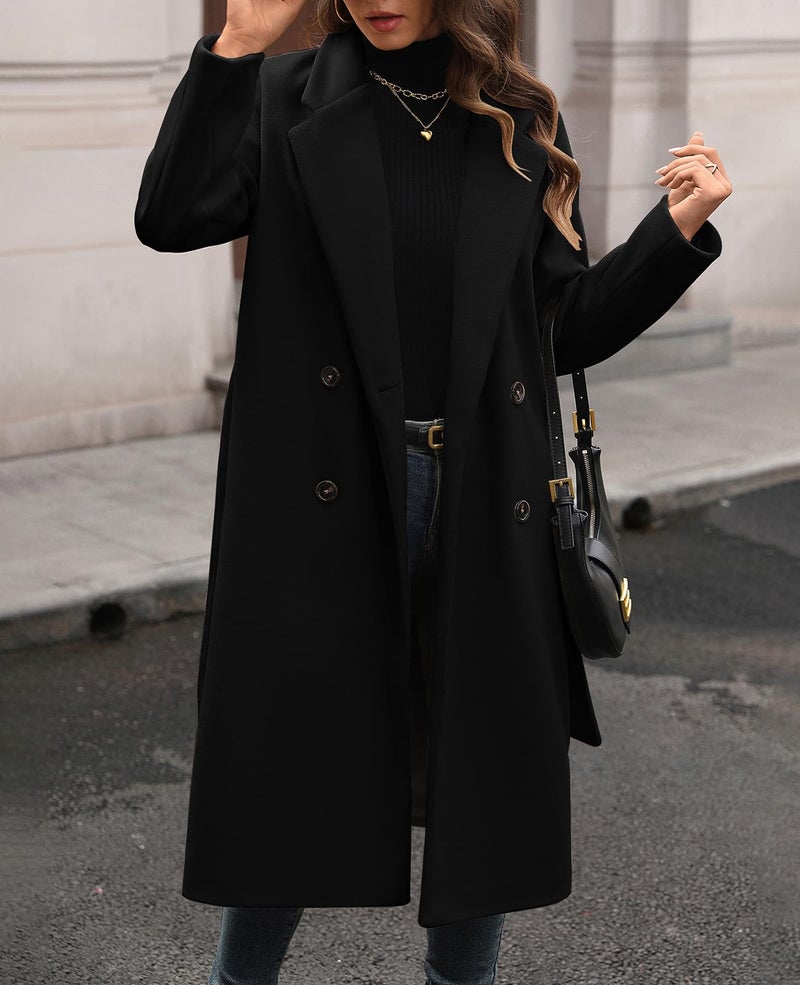HOTIAN Women's Winter Wool Blend Coat Double Breasted Casual Notch Lapel Long Trench Overcoat Peacoat(Black-L) - Image 3
