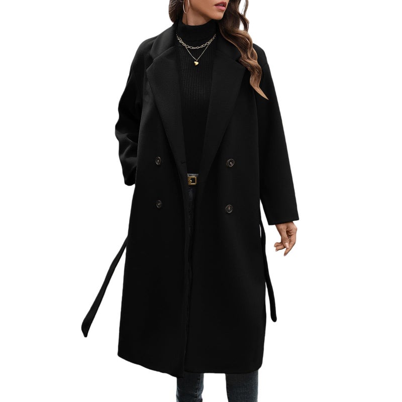 HOTIAN Women's Winter Wool Blend Coat Double Breasted Casual Notch Lapel Long Trench Overcoat Peacoat(Black-L) - Image 1