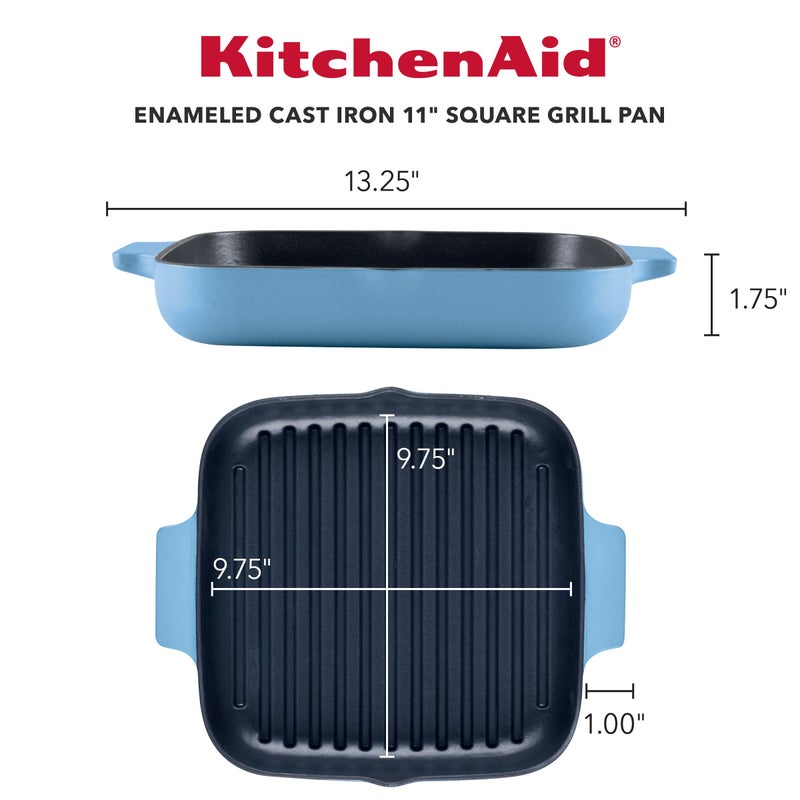 KitchenAid Enameled Cast Iron Square Grill and Roasting Pan, 11 Inch - Blue Velvet - Image 2