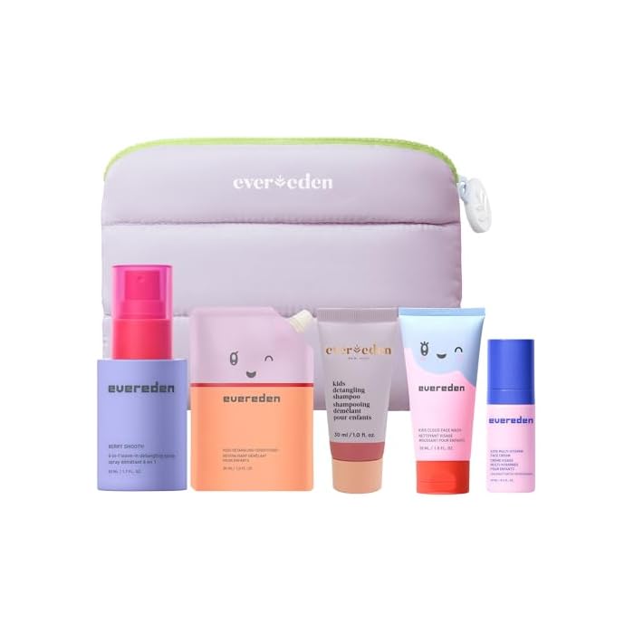 Evereden Kids Travel Set: Clean & Vegan 5-Piece Skin & Hair Care Set for Kids |Kids Face Cream, Face Wash, Detangling Shampoo, Conditioner & Spray With Travel Bag | Stocking Stuffers for Kids
