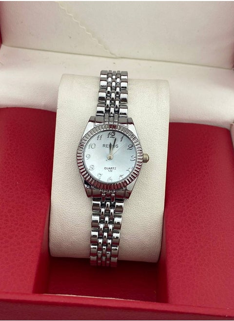 Women's Silver Round Quartz Watch with White Dial