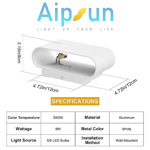 Aipsun Modern LED Wall Sconces 1 Pack Hardwired Interior Wall Lights Indoor Aluminum Up and Down Wall Mount Light for Living Room Bedroom Hallway Corridor Warm White 3000K(with G9 Bulbs) - Image 3
