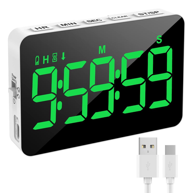 Rechargeable Digital Kitchen Timer for Cooking Magnetic Timers with Countdownup Kids Timer with 5LED Display 3 Brightness 4 Volume Adjustable for ClassroomOfficeHomeWorkFitnessGameGreen