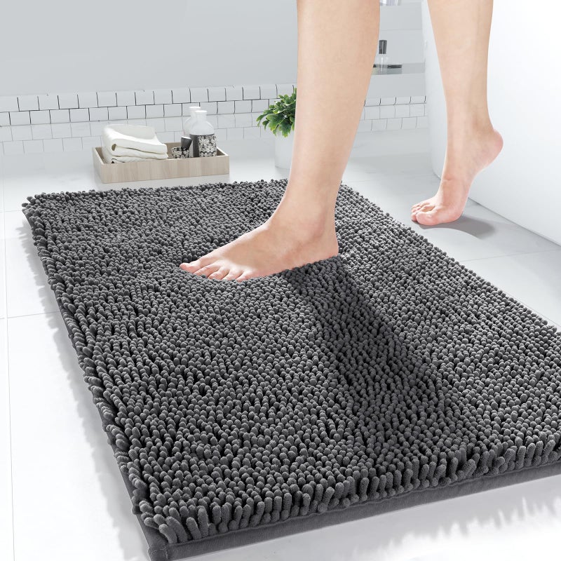 Yimobra Chenille Bathroom Rug  24x17  Extra Soft Absorbent Bath Rugs  Non-Slip  Bath Mats for Bathroom Floor  Water Absorbent  Machine Washable  Plush Bathroom Mat for Tub and Shower  Dark Gray - Image 1