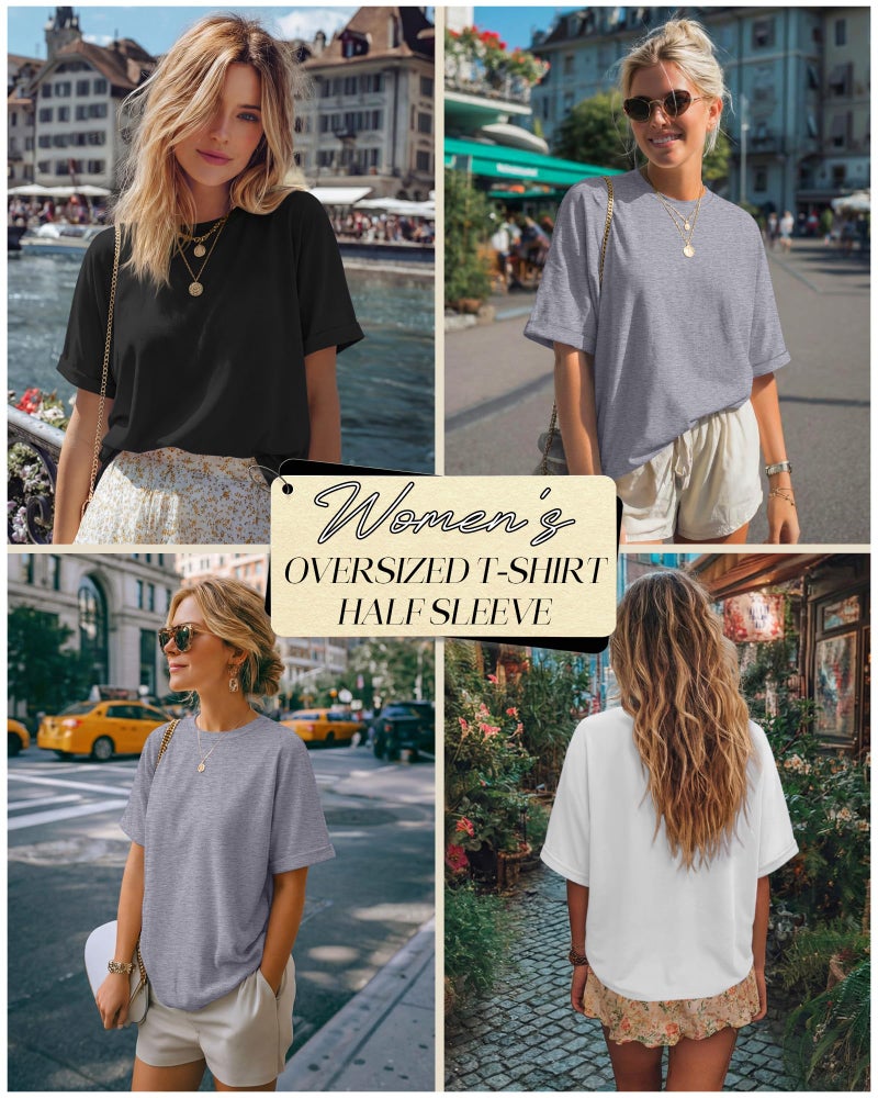 Riyiper 3 Pack Women's Oversized T-Shirt Half Sleeve Summer Tees Casual Loose Fit Crew Neck Basic Tops(Black, White, Light Gray,Large) - Image 2