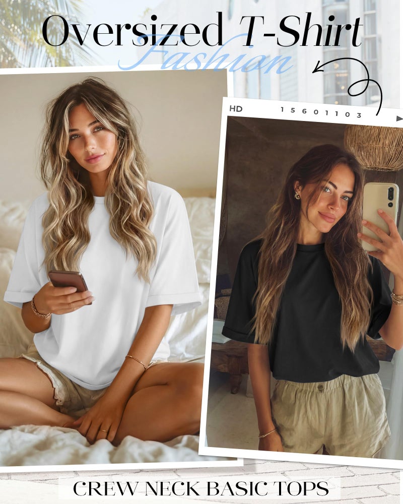Riyiper 3 Pack Women's Oversized T-Shirt Half Sleeve Summer Tees Casual Loose Fit Crew Neck Basic Tops(Black, White, Light Gray,Large) - Image 4