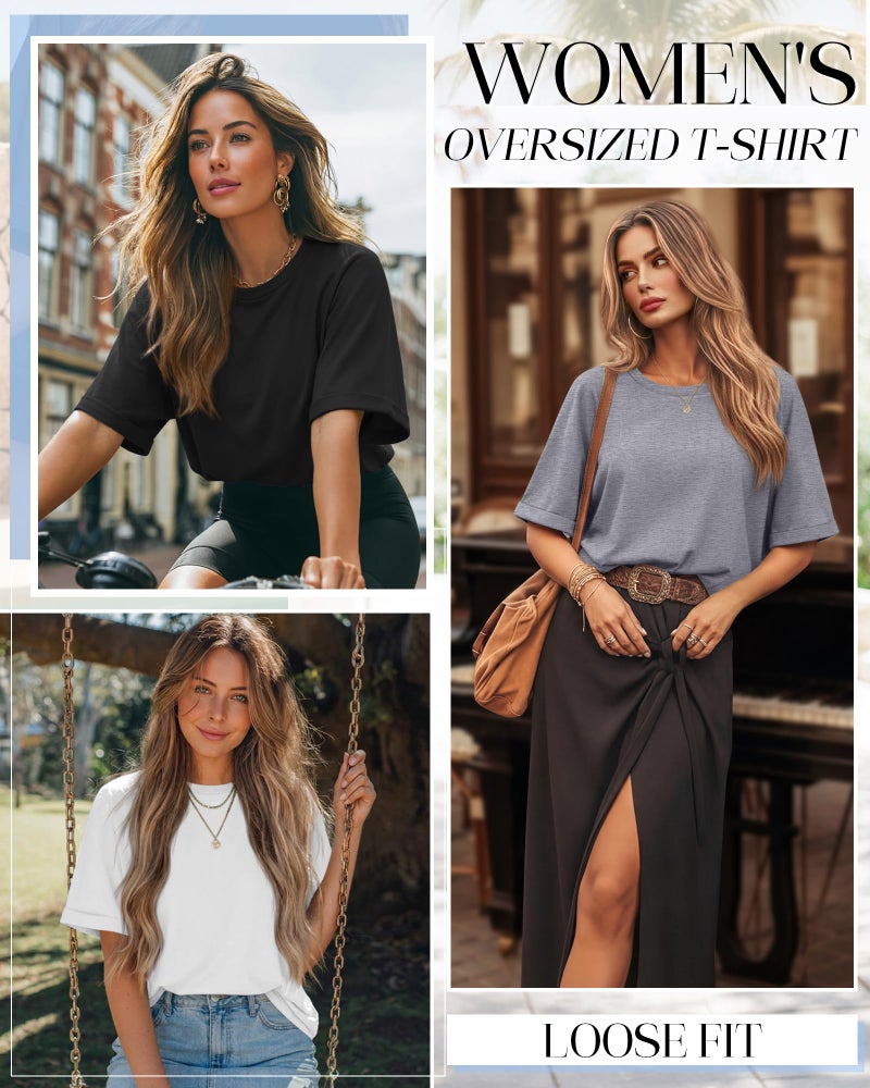 Riyiper 3 Pack Women's Oversized T-Shirt Half Sleeve Summer Tees Casual Loose Fit Crew Neck Basic Tops(Black, White, Light Gray,Large) - Image 3