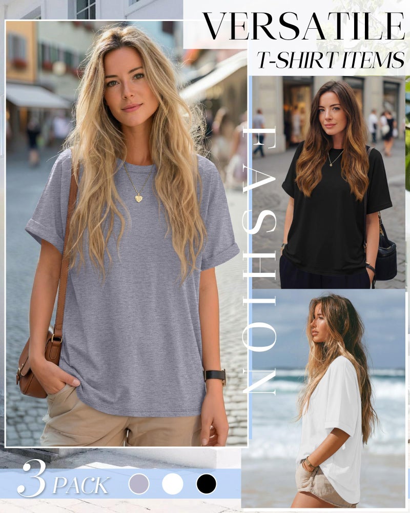 Riyiper 3 Pack Women's Oversized T-Shirt Half Sleeve Summer Tees Casual Loose Fit Crew Neck Basic Tops(Black, White, Light Gray,Large) - Image 5