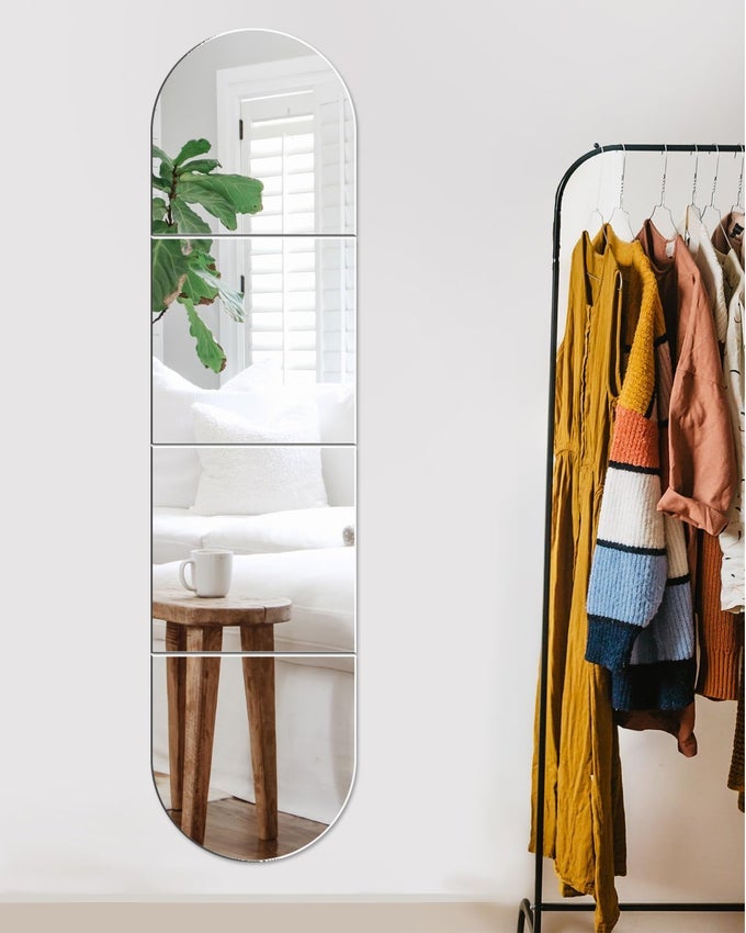 SELF ADHESIVE MIRROR TILES HD GLASS 30X30CM 4 PIECES STICK ON FULL LENGTH MIRROR ARCH LONG WALL MIRRORS FOR BEDROOM LIVING ROOM HALLWAY WALLS WARDROBE DOOR FLAT POLISHED EDGE