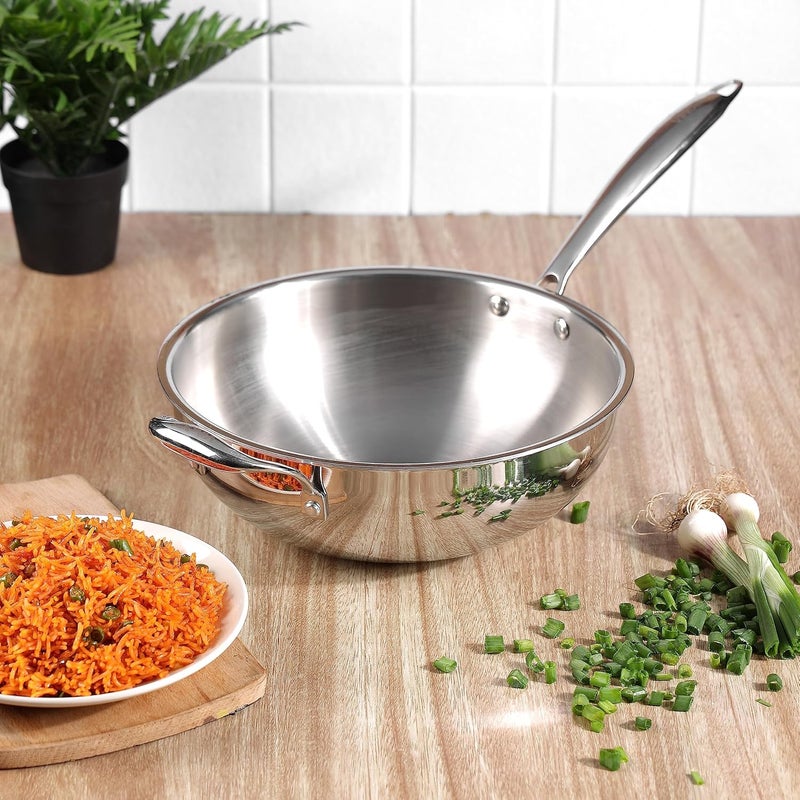VINOD Vinod Platinum Triply Stainless Steel Wok 3 Litre 26 cm Riveted Handle Stir Shallow FryNoodlesCurryFried Rice Induction Base 5 Year Warranty Silver  - Image 2