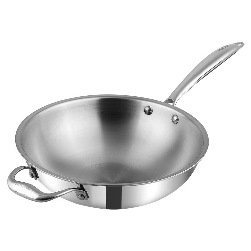 VINOD Vinod Platinum Triply Stainless Steel Wok 3 Litre 26 cm Riveted Handle Stir Shallow FryNoodlesCurryFried Rice Induction Base 5 Year Warranty Silver  - Image 1