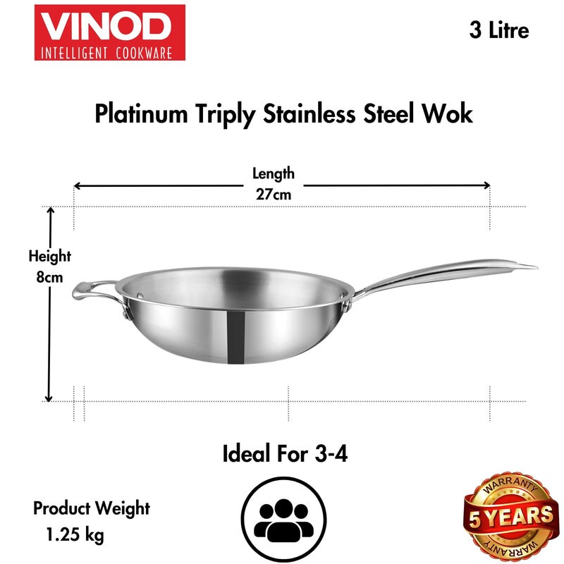 VINOD Vinod Platinum Triply Stainless Steel Wok 3 Litre 26 cm Riveted Handle Stir Shallow FryNoodlesCurryFried Rice Induction Base 5 Year Warranty Silver  - Image 4