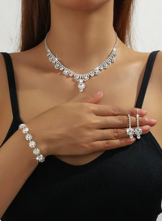 تايك تو طقم قلادة وأقراط وسوار كريستالي فضي