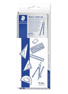 STAEDTLER STAEDTLER Noris Club 557 10 Noris Maths Set with Storage Tin (10 Pieces including Compass, Ruler, Protractor and Set Squares)  - Image 1