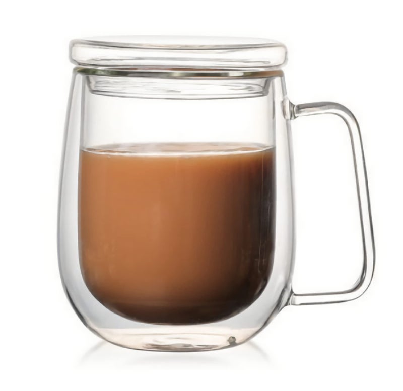 KNC Double Walled Glass Coffee Mugs Insulated Coffee Cup With Handle and LidThick Expresso Coffee Cups For Americano Latte Espresso Cappuccinos Beverage and Tea 12 oz Clear