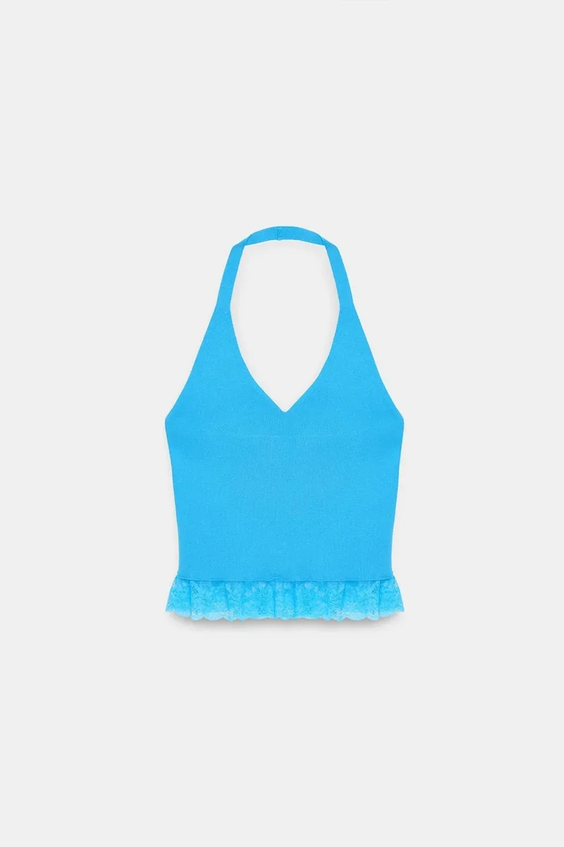 DILVIN Ribbed Lace Halterneck Blouse