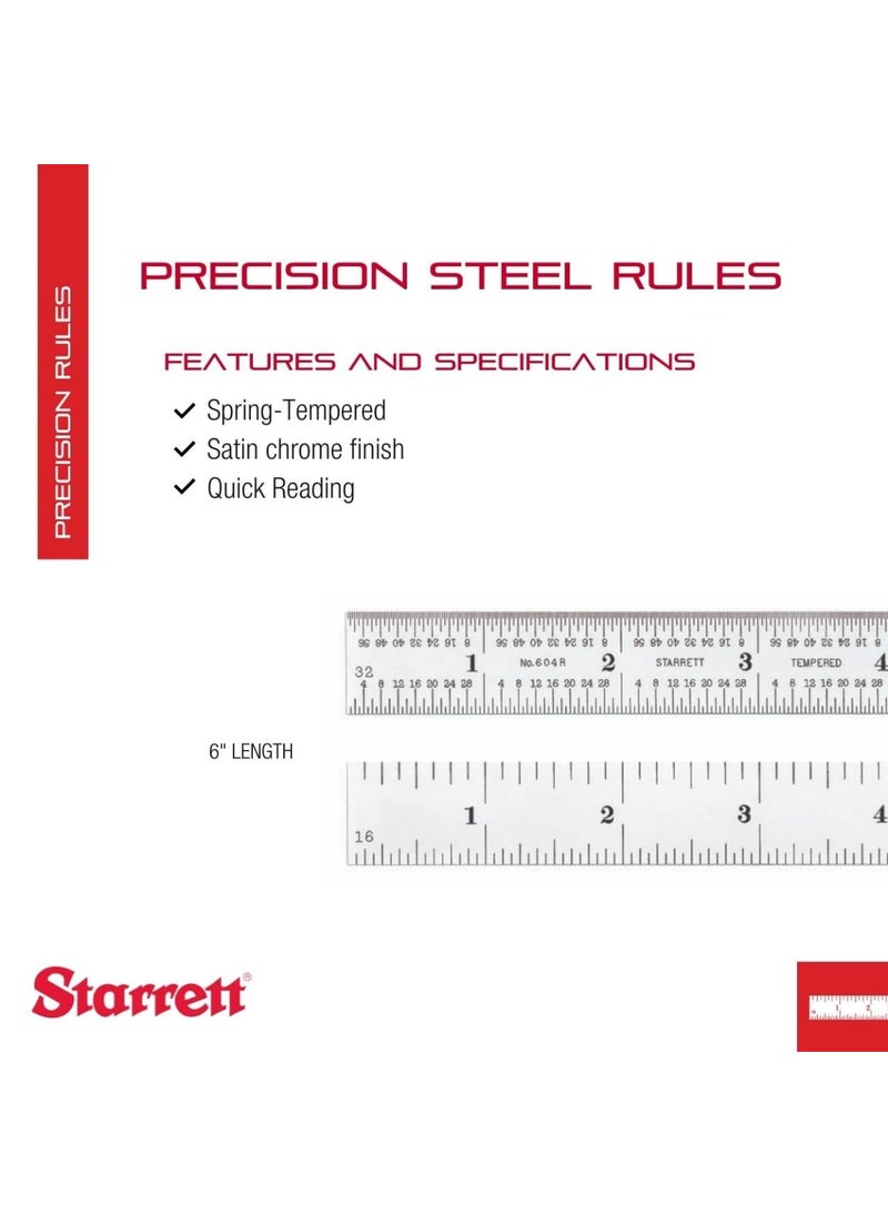 Starrett Starrett Spring Tempered Steel Rule with Satin Chrome Finish Quick Reading and Inch Graduations  6 Length 4R Graduation Type 364 Thickness  C604R6  - Image 2