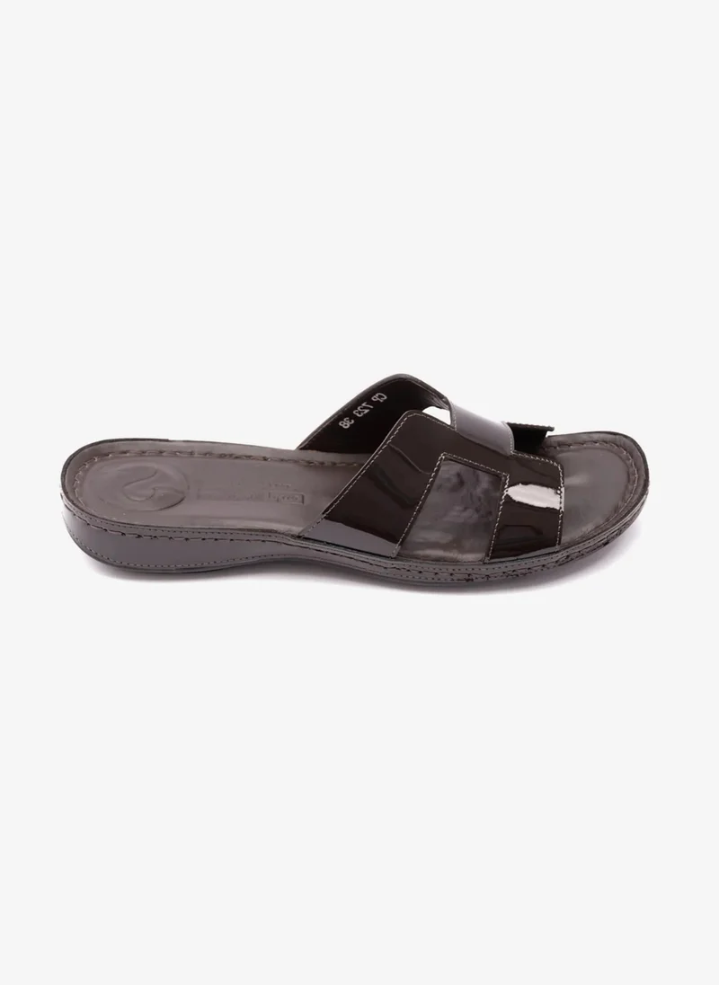 كومفورت بلس FLAT PATENT LEATHER COMFORT PLUS LADIES SANDALS BROWN