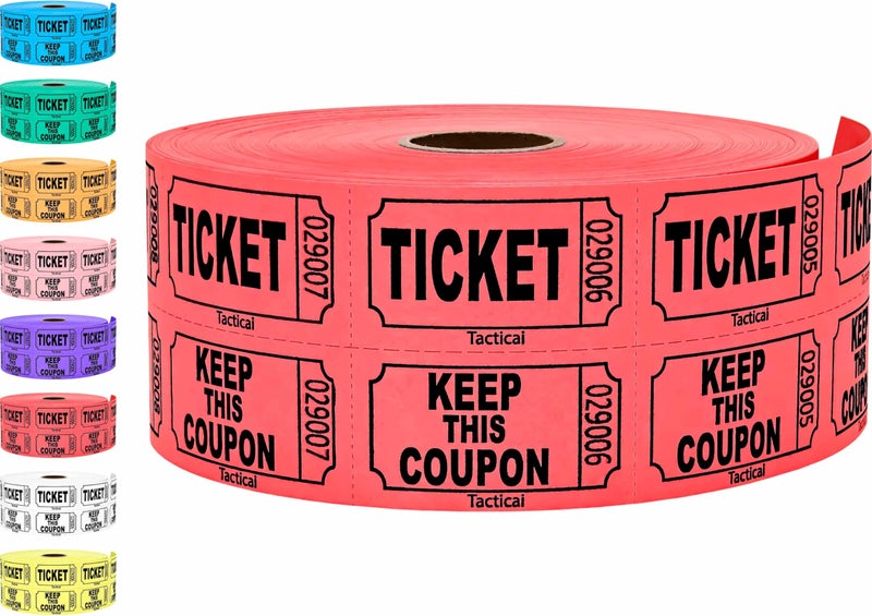 1000 Tacticai Raffle Tickets Red 1 of 8 Colors Double Roll Ticket for Events Entry Class Reward Fundraiser Prizes