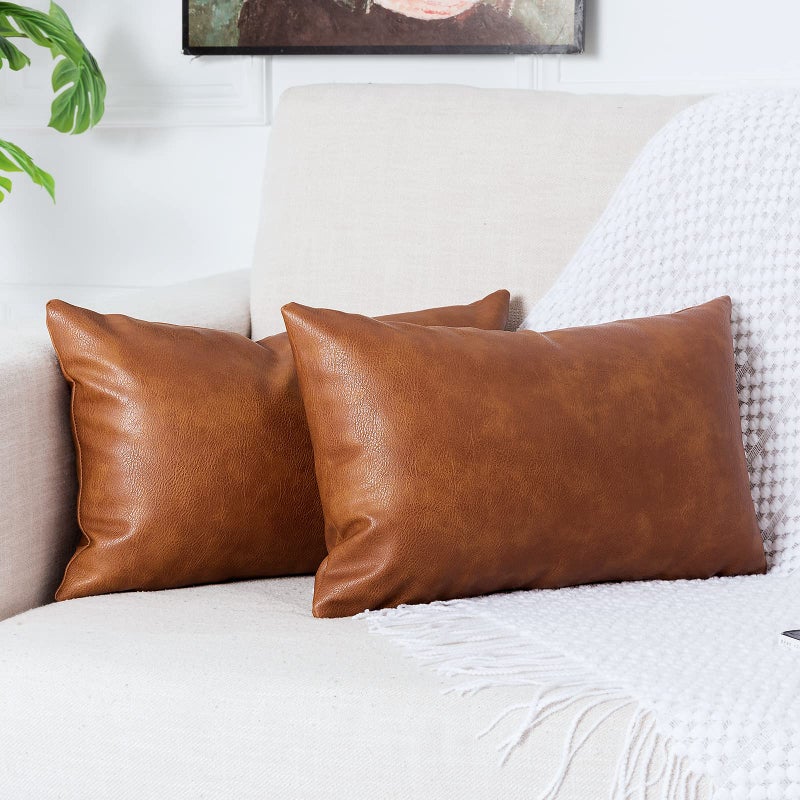 PANOD Pack of 2 Premium Faux Leather Throw Pillow Covers Modern Luxury Decorative Lumbar Throw Pillow Case Cushion Cases for Farmhouse Sofa Couch Bed Car Outdoor12x20 inch Brown