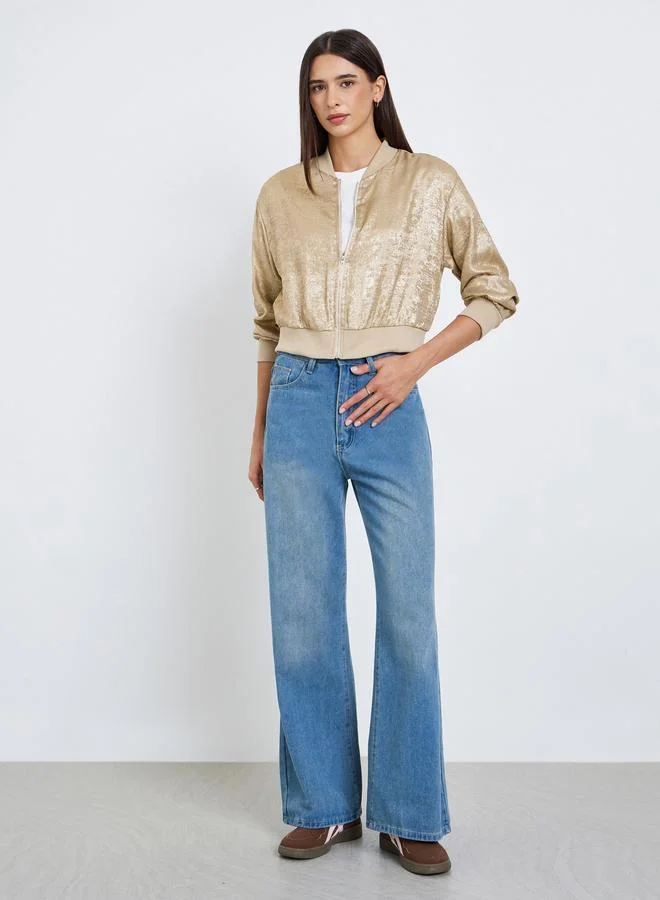 Take Two Shiny Zip Up Long Sleeve Jacket