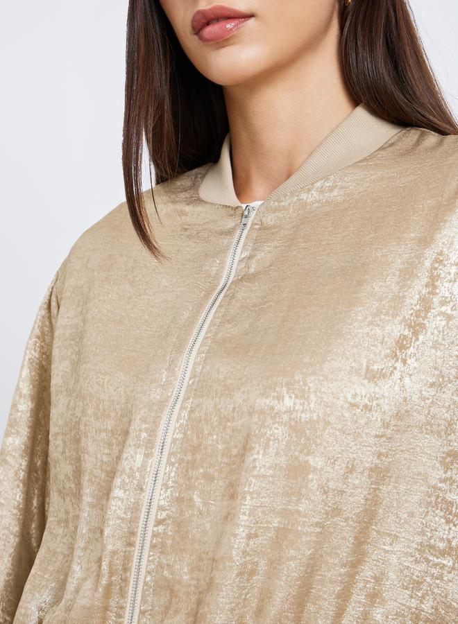 Take Two Shiny Zip Up Long Sleeve Jacket - Image 4