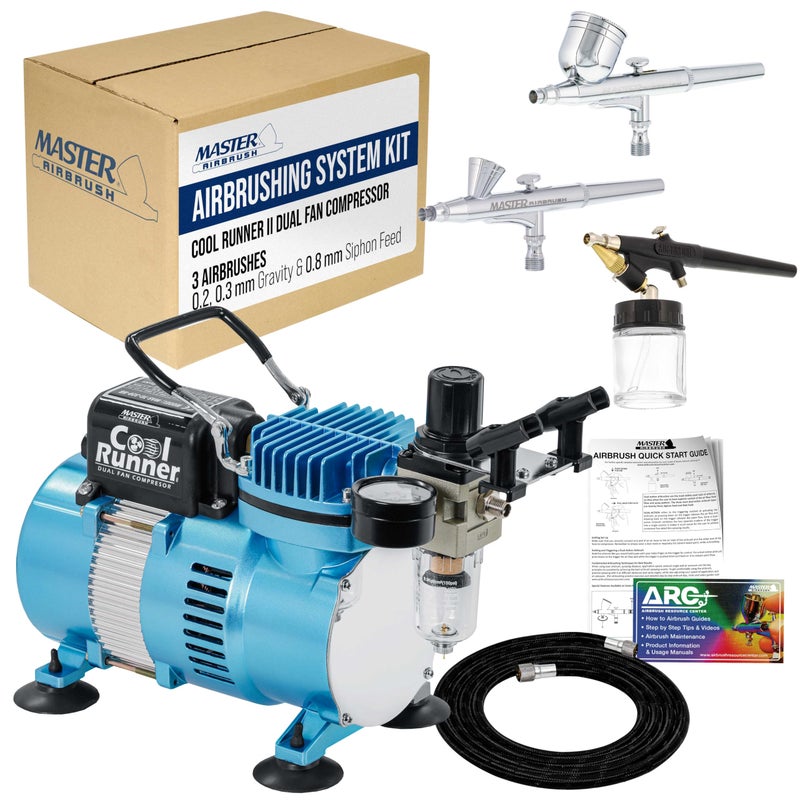 Master Airbrush Cool Runner II Dual Fan Airbrushing System Kit - Air Brush Kit with Air Compressor & 3 Airbrushes, 0.2, 0.3 mm Gravity & 0.8 mm Siphon Feed, Holder & Learning Guide Manual - Image 1