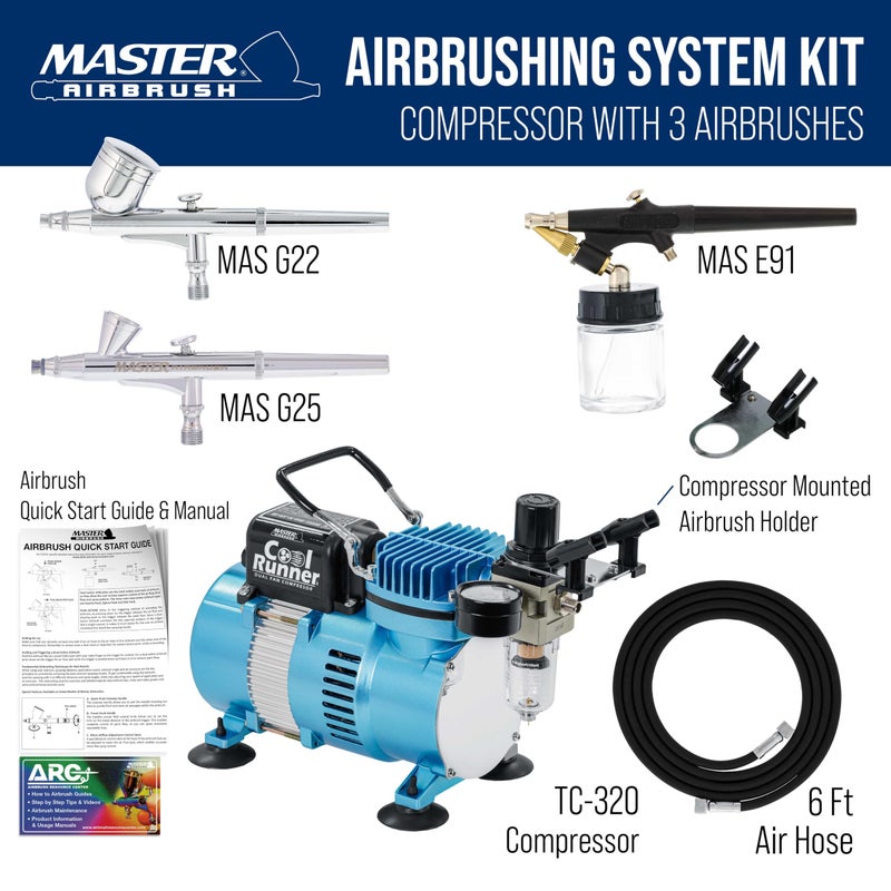 Master Airbrush Cool Runner II Dual Fan Airbrushing System Kit - Air Brush Kit with Air Compressor & 3 Airbrushes, 0.2, 0.3 mm Gravity & 0.8 mm Siphon Feed, Holder & Learning Guide Manual - Image 2