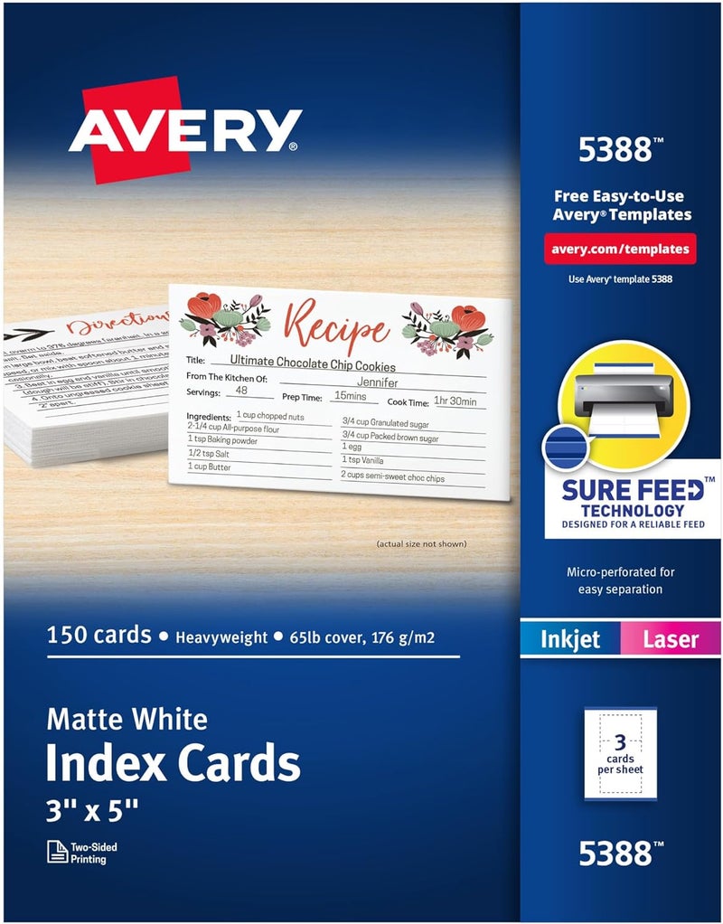 AVERY Printable Index Cards with Sure Feed Technology, 3" x 5", White, 150 Blank Index Cards for Laser or Inkjet Printers (05388) - Image 1