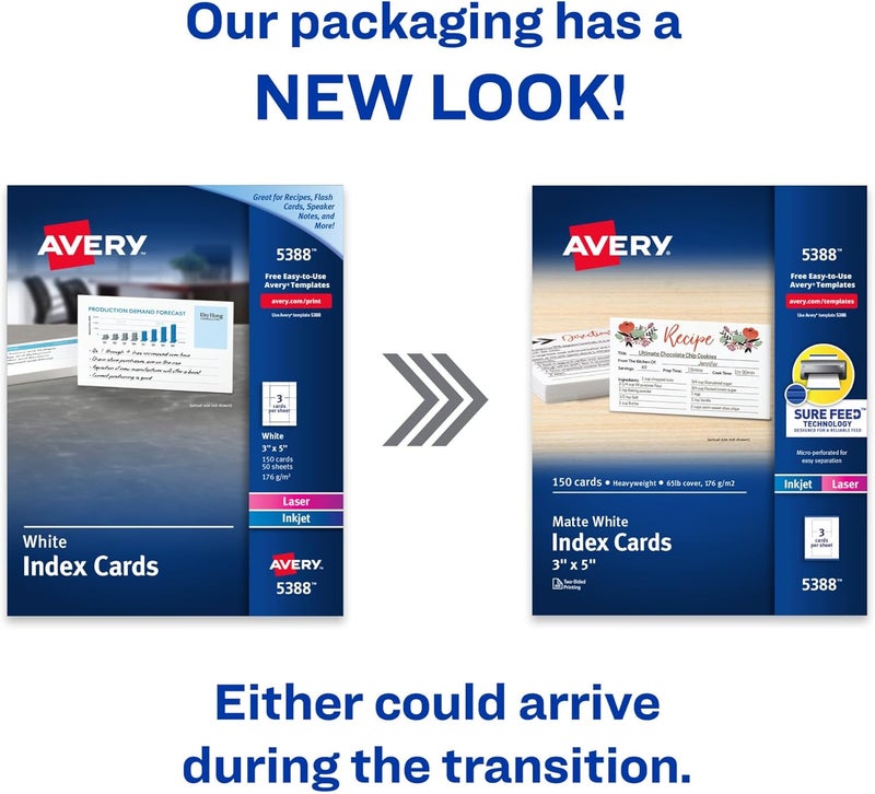 AVERY Printable Index Cards with Sure Feed Technology, 3" x 5", White, 150 Blank Index Cards for Laser or Inkjet Printers (05388) - Image 3