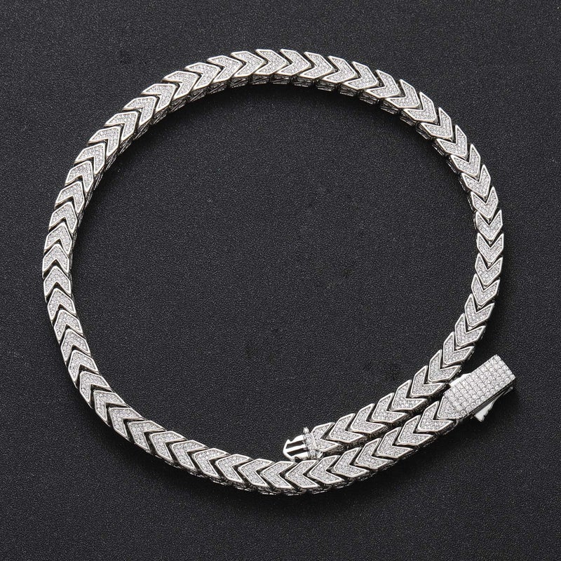 European and American new hip-hop necklace mens 8mmV chain double-sided chain 4-sided zircon front and back pattern mens necklace Silver 24inch