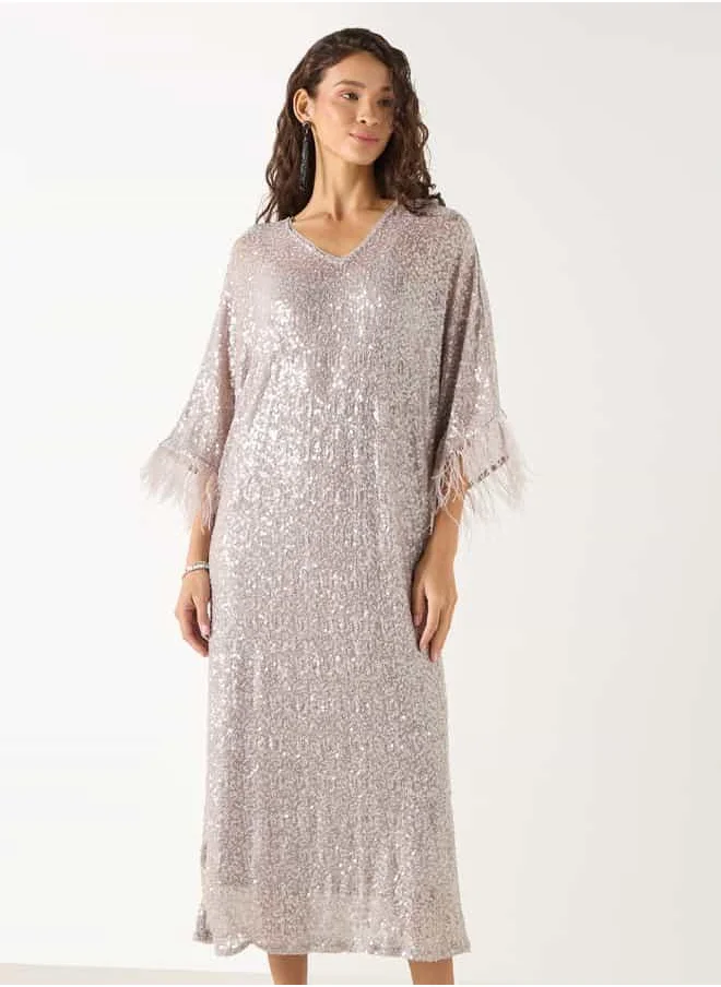 Iconic Iconic Sequin Embellished V-neck Dress with Fringed 3/4 Sleeves