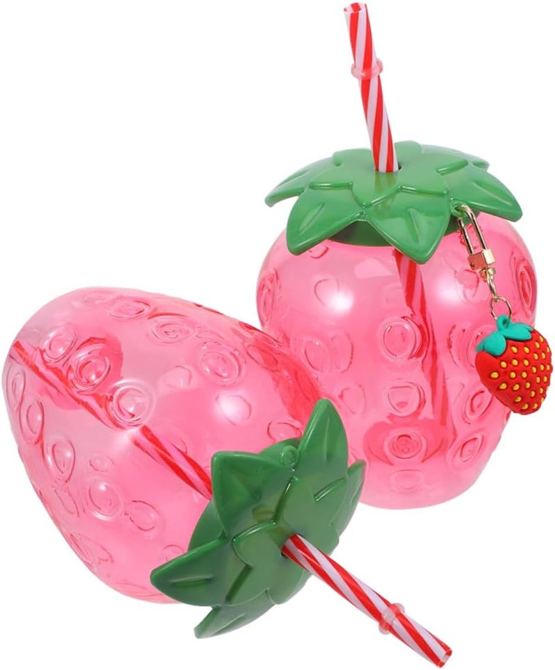 Strawberry Straw Cups 2pcs Plastic Tumblers with Lid and Pendant Pink Fruit Theme Drinkware for Parties and Daily Use - Image 1