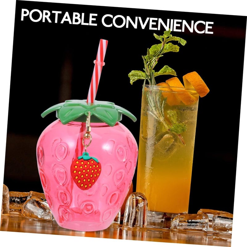 Strawberry Straw Cups 2pcs Plastic Tumblers with Lid and Pendant Pink Fruit Theme Drinkware for Parties and Daily Use - Image 3