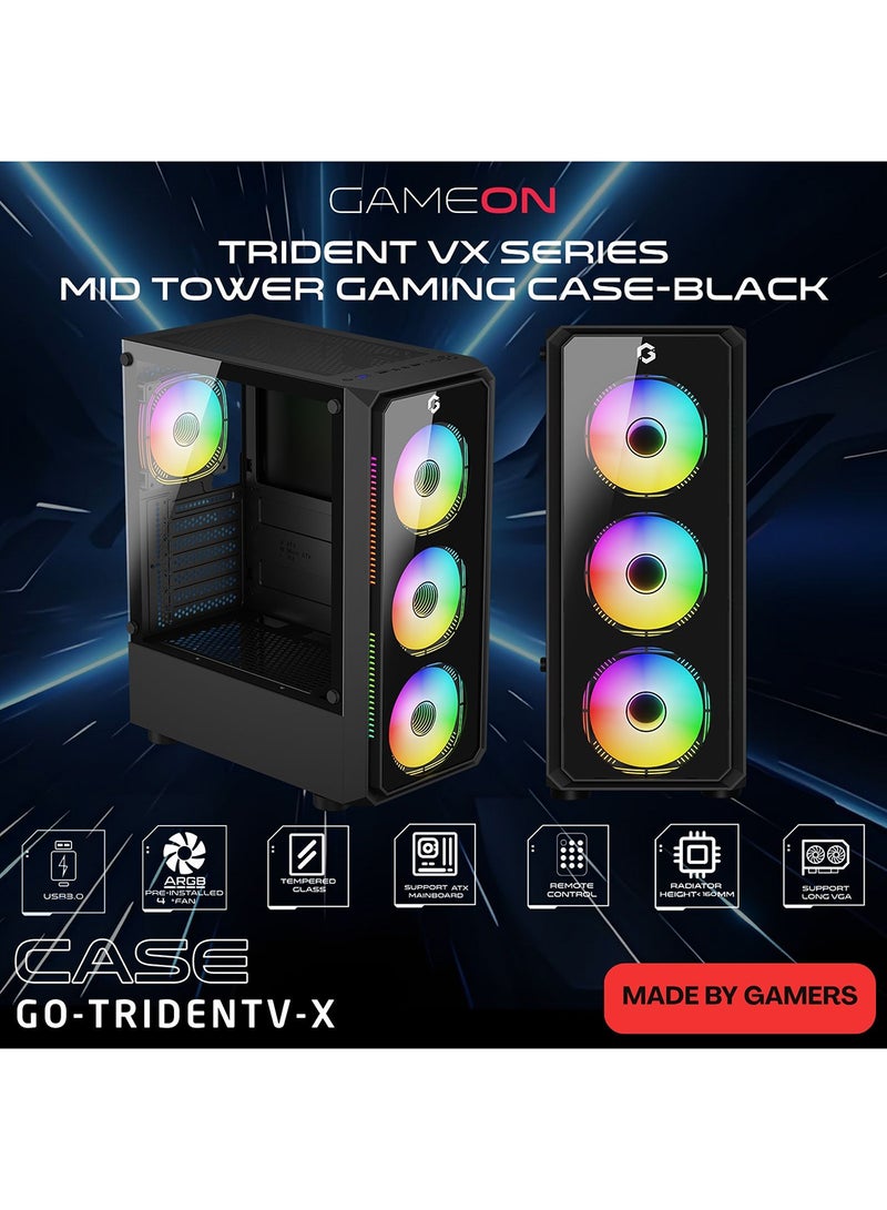 جايم أون Trident VX Mid Tower Gaming Case GO-TRIDENTV-X, 4 Pre-Installed ARGB Fans Tempered Glass Side Panel, ATX / M-ATX / Mini-ITX Support High Airflow Gaming Case – GO-TRIDENTV-X black - Image 2