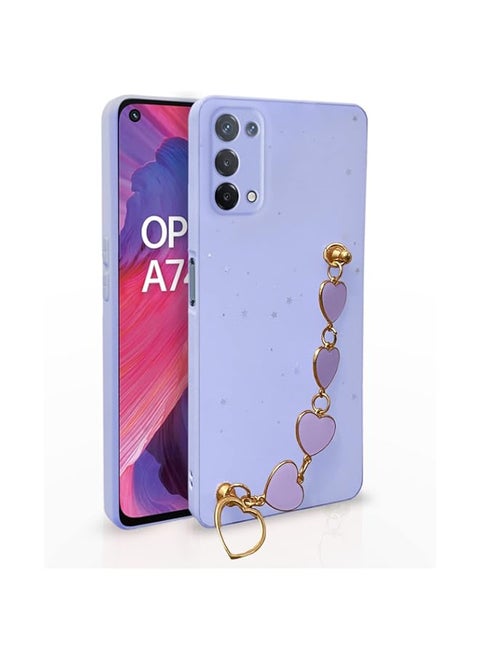 Oppo A74 5G Back Cover for Girls Crystal Heart Shaped Metal Chain Blocks Fixed Glitter Soft Tpu Case for Oppo A74 5G (Purple)