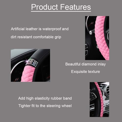 WLERIR Microfiber Leather Steering Wheel Cover with Anti-Slip Lining Universal Car Accessory for Steering Wheel with a Diameter of 14.5-15 inch (Pink) - Image 3