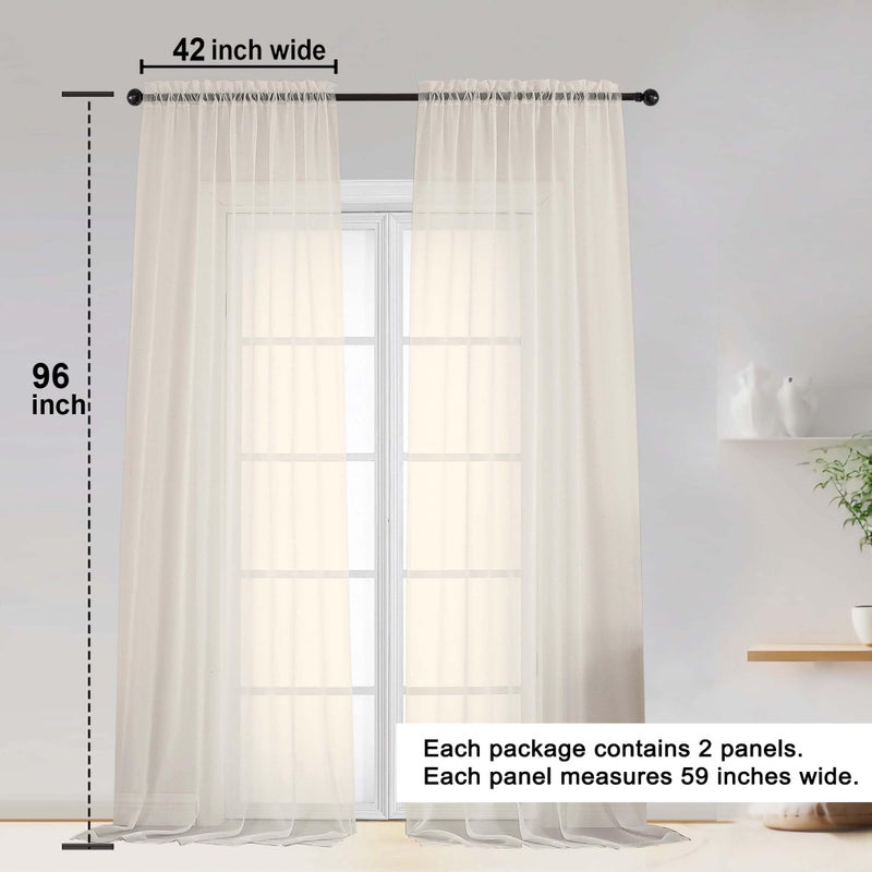 OWENIE Cream Sheer Curtain 96 Inch Long 2 Panels Set, Light Filtering Clear Rod Pocket Soft Sheer Curtain 95 for Bedroom/Living Room, 2Pcs, Each 42" W x 96" L, Cream - Image 2
