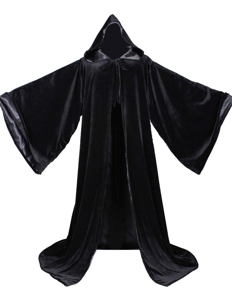 LuckyMjmy Velvet Wizard Robe with Satin Lined Hood and Sleeves Black