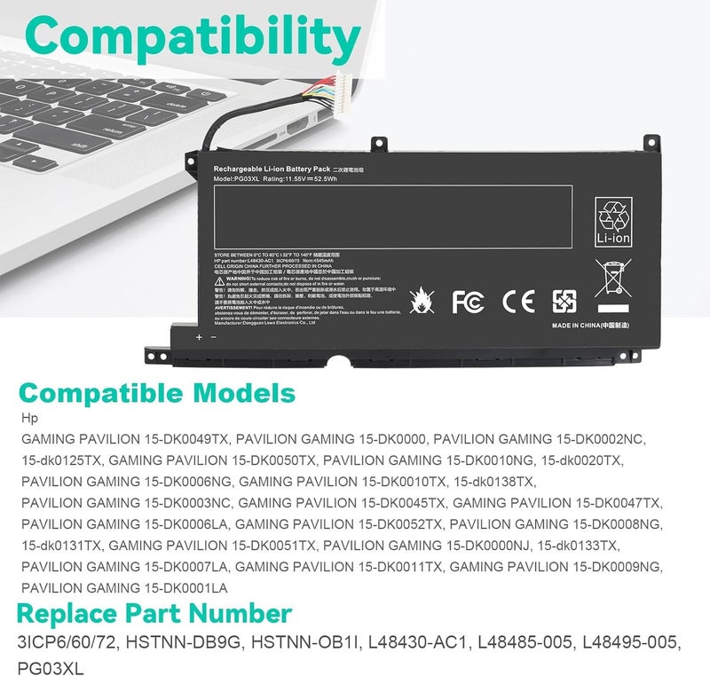 Wefly بطارية PG03XL لجهاز HP Pavilion Gaming 15-DK 15T-DK 15-EC 15-DK0XXX 15-DK0055NR 15T-DK200 15-EC0013DX 15-EC1073DX 15Z-EC200 16-A0032DX 16-A0035NR L48495-005 3ICP6/60/72 HSTNN-DB9G HSTNN-OB1I L48430-AC1 - Image 5