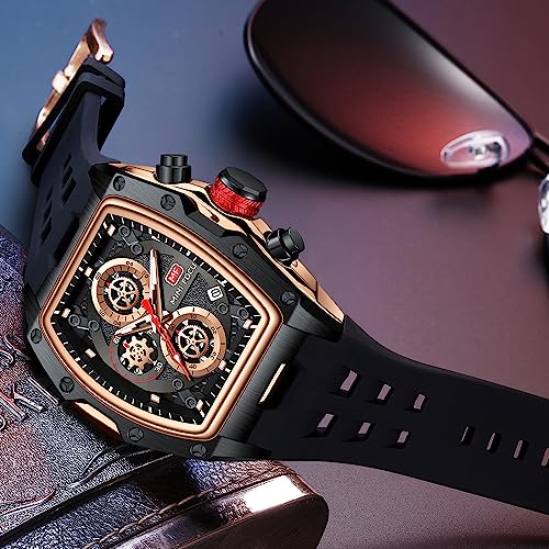 MF MINI FOCUS Men Watch Unique Tonneau Casual Wrist Watches (Chronograph/Waterproof/Luminous/Calendar/24 Hours) Silicon Band Fashion Watch for Men（Black & Golden）, (MF0473G.01) - Image 2